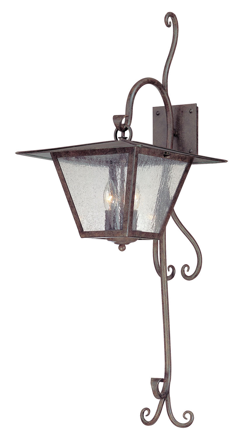 Troy Potter B2952 outdoor wall lantern with textured glass and long scrolling bracket