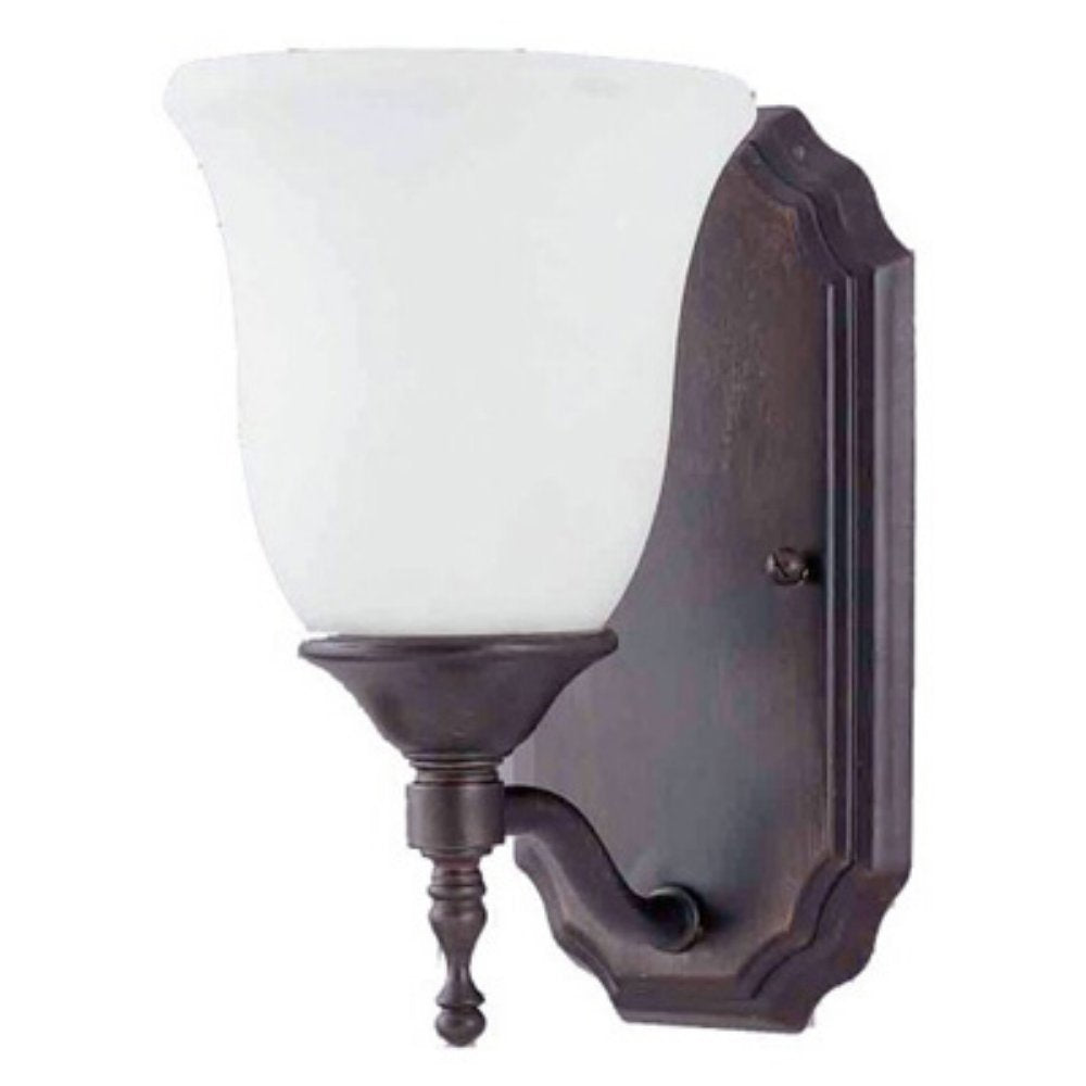 Quoizel Tritan TT8741CU sconce with an opal-glass shade, shaped Copper Bronze backplate and turned finial