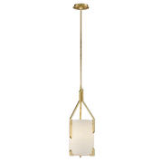 Troy Quantum F5235 pendant with a gold-tone stem, angled open supports and pale cylindrical shade