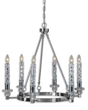 Uttermost Campania chandelier with an open nickel ring frame, clear candle columns and round drops