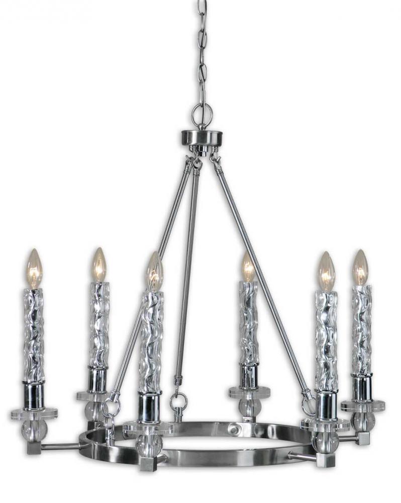 Uttermost Campania chandelier with an open nickel ring frame, clear candle columns and round drops