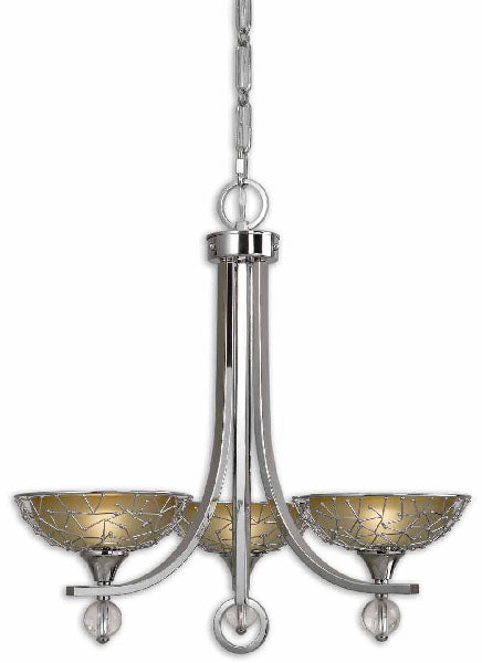 Uttermost Brandon chandelier with three amber lattice bowls, sweeping nickel arms and clear round drops