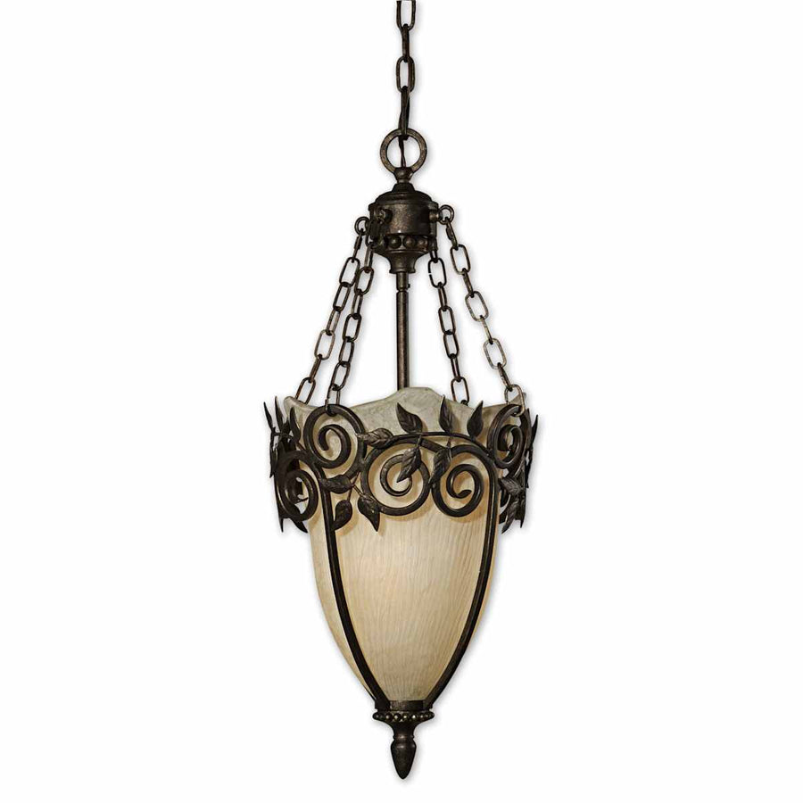 Chain-hung urn-shaped pendant with textured cream glass, dark scrolling leaf metalwork and a pointed lower finial.