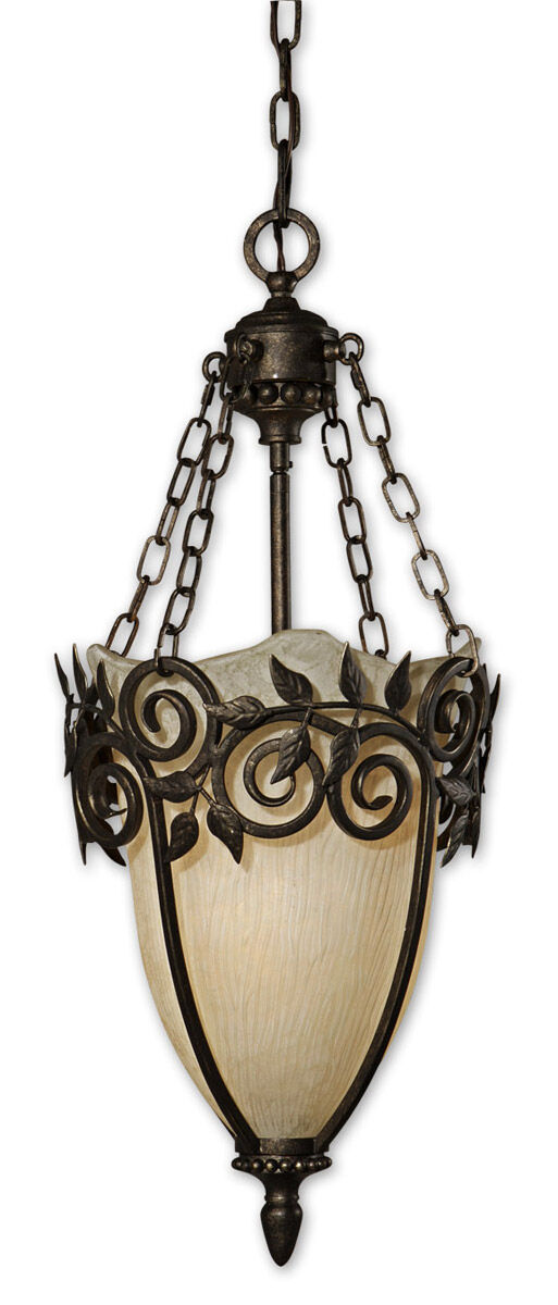 Portrait view of a textured urn pendant with a leaf-scroll crown, small support chains and dark warm-highlighted metalwork.