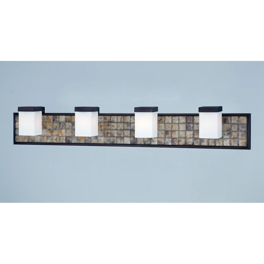 Quoizel Vetreo Brush Strokes VTBK8504Z vanity light with four pale shades and a warm mosaic-patterned backplate