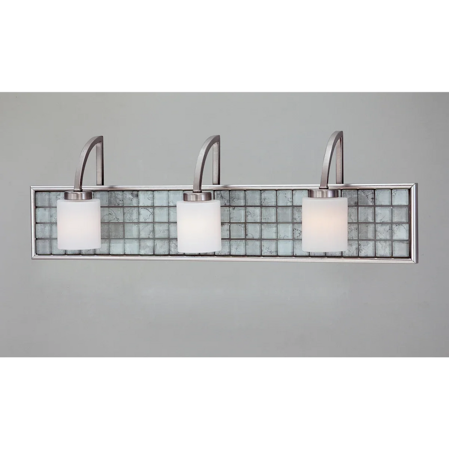 Quoizel Vetreo Clouds VTCL8603BN vanity light with three white shades and a cloudy square-patterned panel