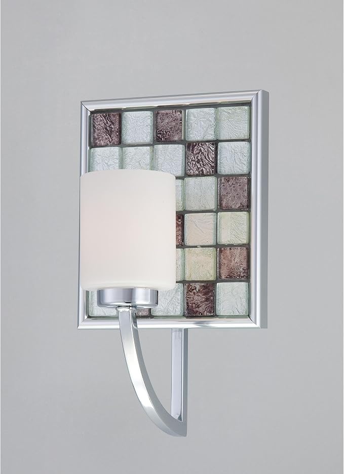 Quoizel Vetreo Retro chrome wall sconce with an opal cylindrical shade, U-shaped arm and textured square-tile backplate.