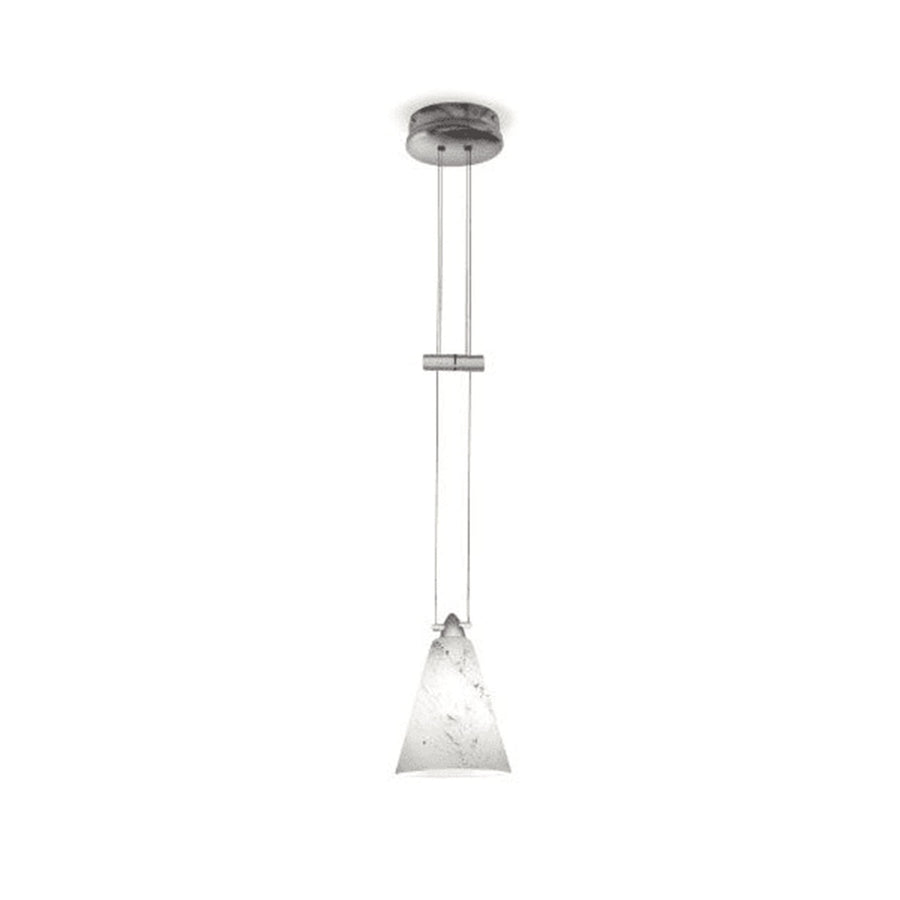 WAC AP-K591-PT/WT pendant with a tapered white speckled shade, twin suspension lines and silver-toned counterbalance bar.