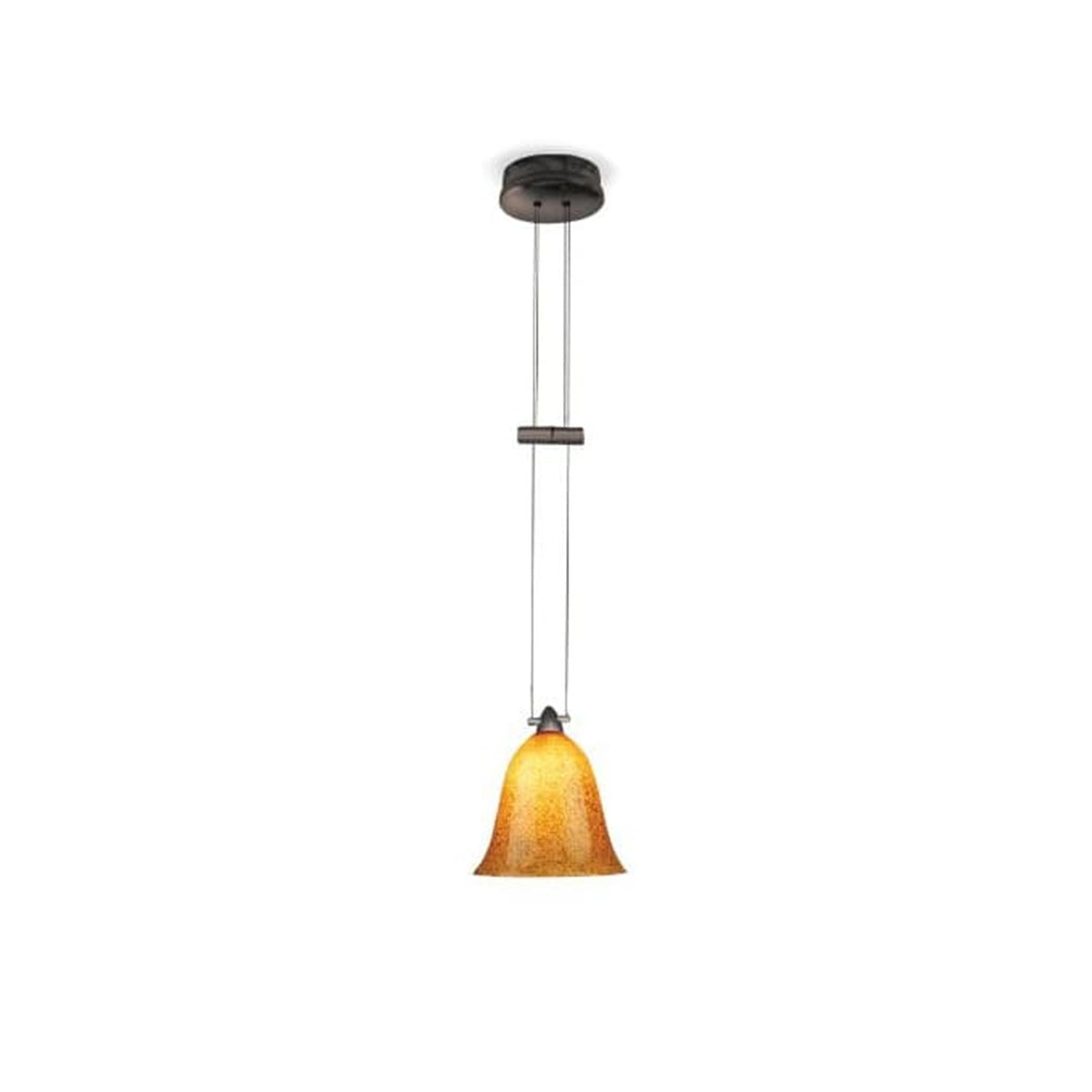 WAC AP-K592-BZ/AM pendant with an amber bell shade, twin suspension lines and bronze-toned counterbalance hardware.