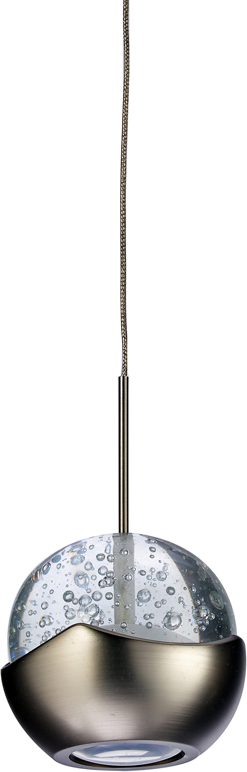 Full-length view of the WAC Genesis MP-LED311-BN/BN seeded-glass LED pendant and braided suspension cable