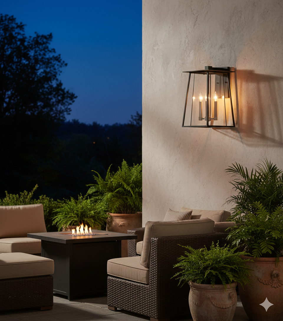 Walker three-light lantern on a patio wall