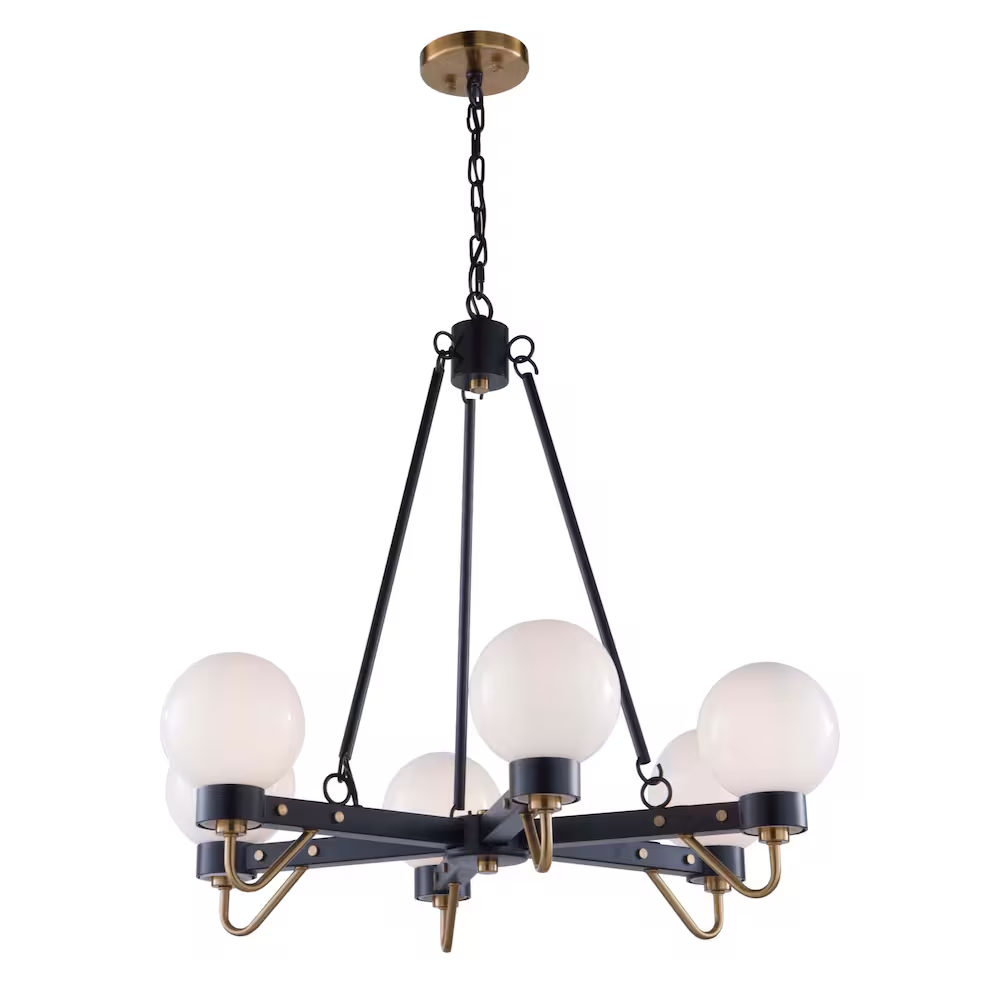 Artcraft Chelton 6-Light Chandelier – Matte Black / Harvest Brass / White Glass (11426) - SKU 11426