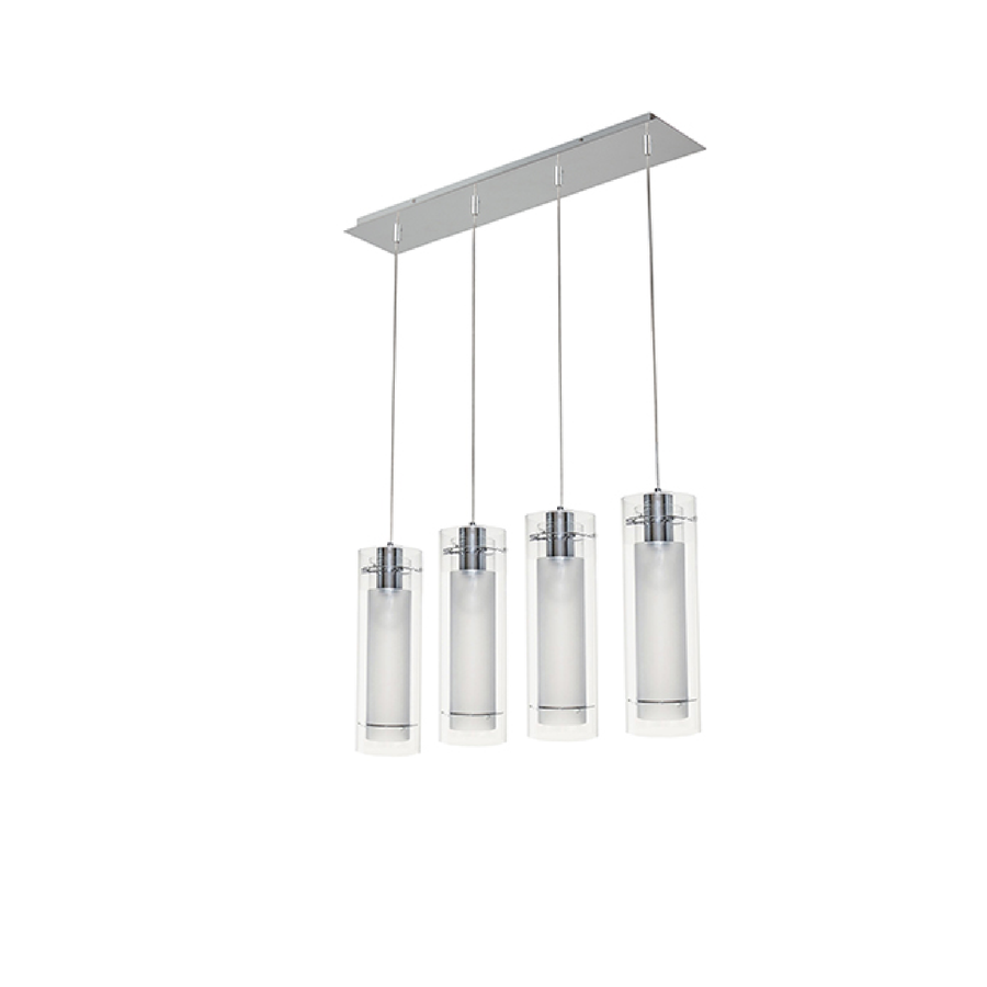 ET2 Frost linear pendant with four clear cylindrical shades, white inner diffusers and a polished-chrome canopy.