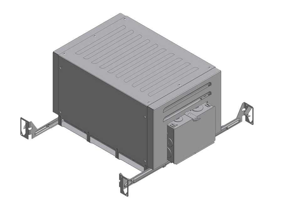 Technical rendering of Eureka recessed ceiling housing with side enclosure and mounting bars.