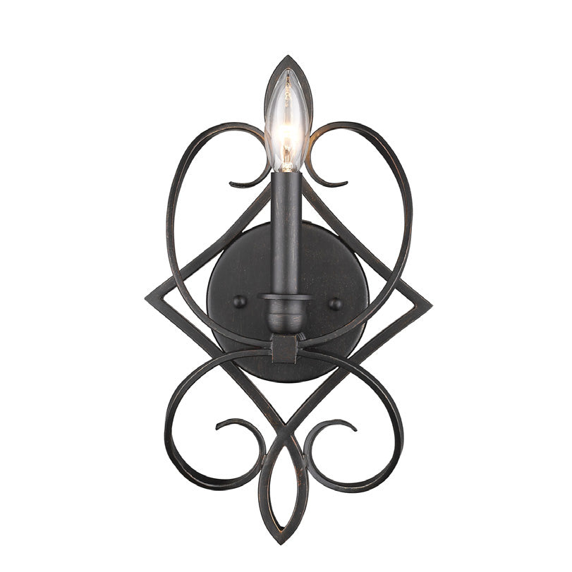 Golden Selene aged-bronze wall sconce with a central diamond frame, scrolling arms and a single candle sleeve