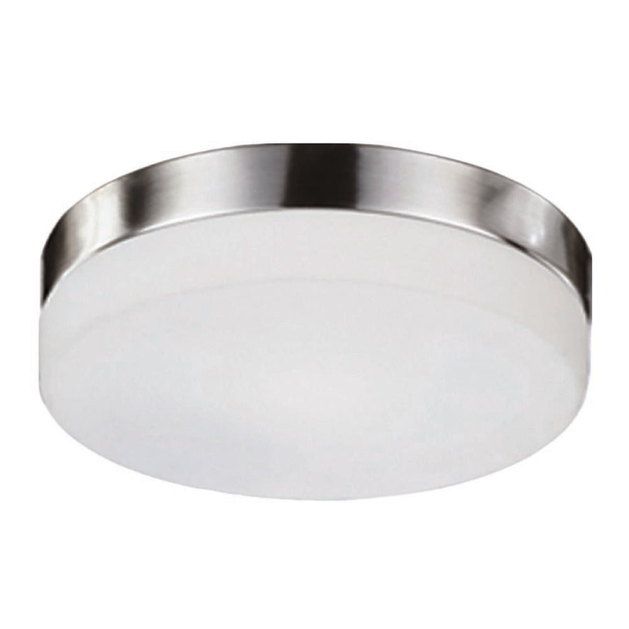 Kuzco Lomita round flush ceiling light with a white diffuser and brushed nickel rim.