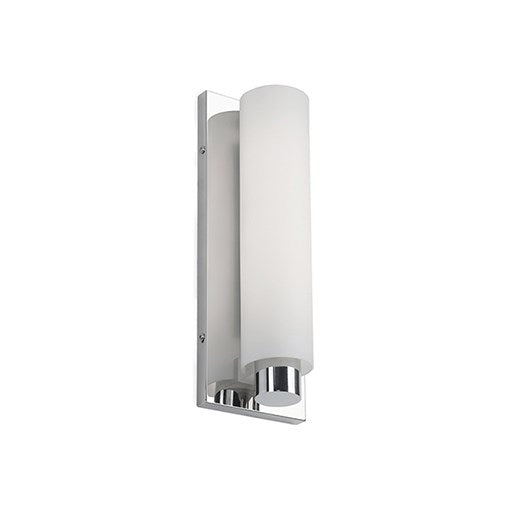 Kuzco WS5013-CH sconce with a white cylinder, chrome lower collar and reflective rectangular backplate