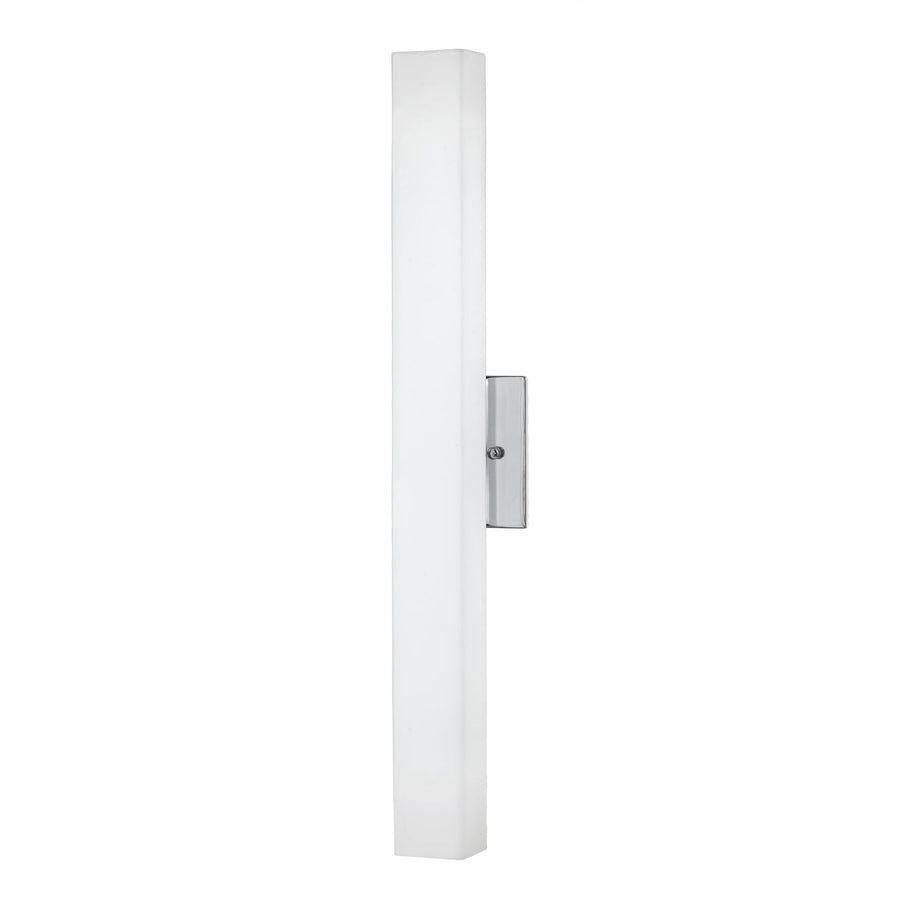 Kuzco Melville wall sconce with a long vertical matte-opal rectangular diffuser and chrome bracket.