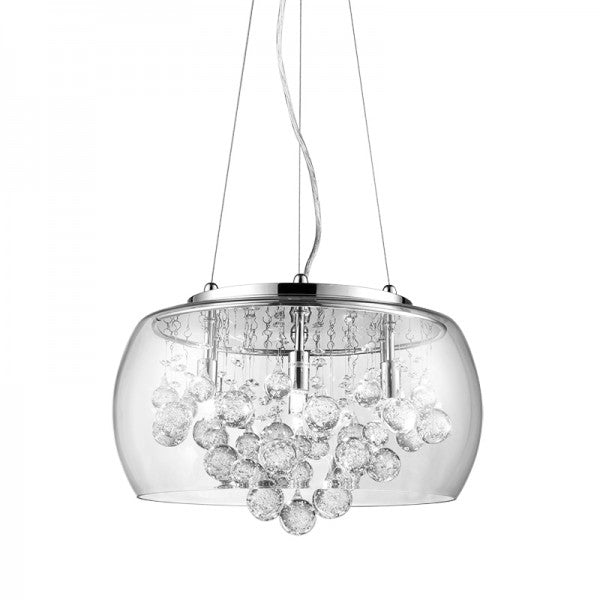 Matteo M21004 chrome pendant with clustered clear glass bubbles inside a rounded clear enclosure.