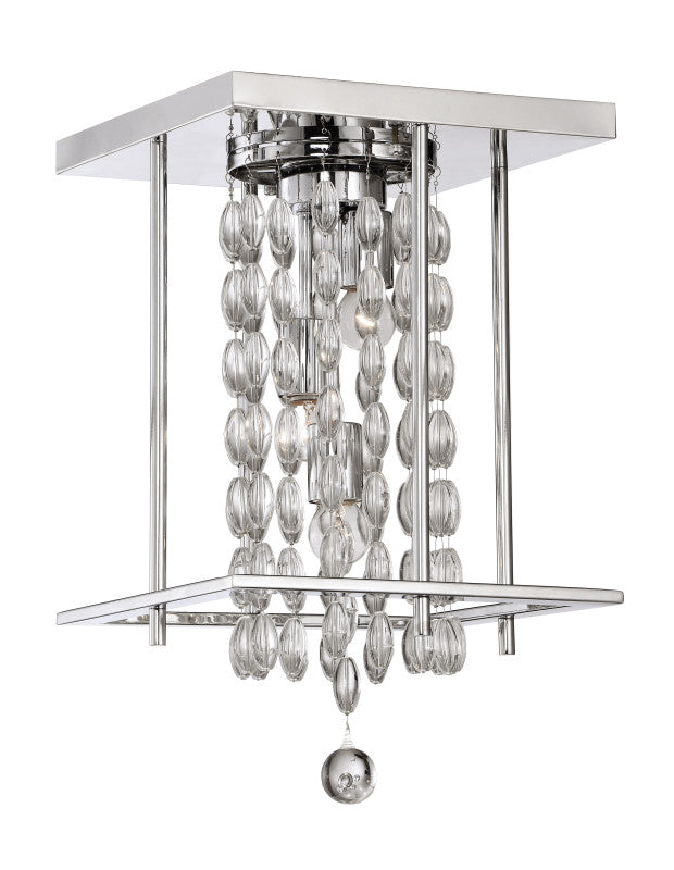 Square polished-nickel ceiling fixture with cascading clear bead strands and a lower drop.