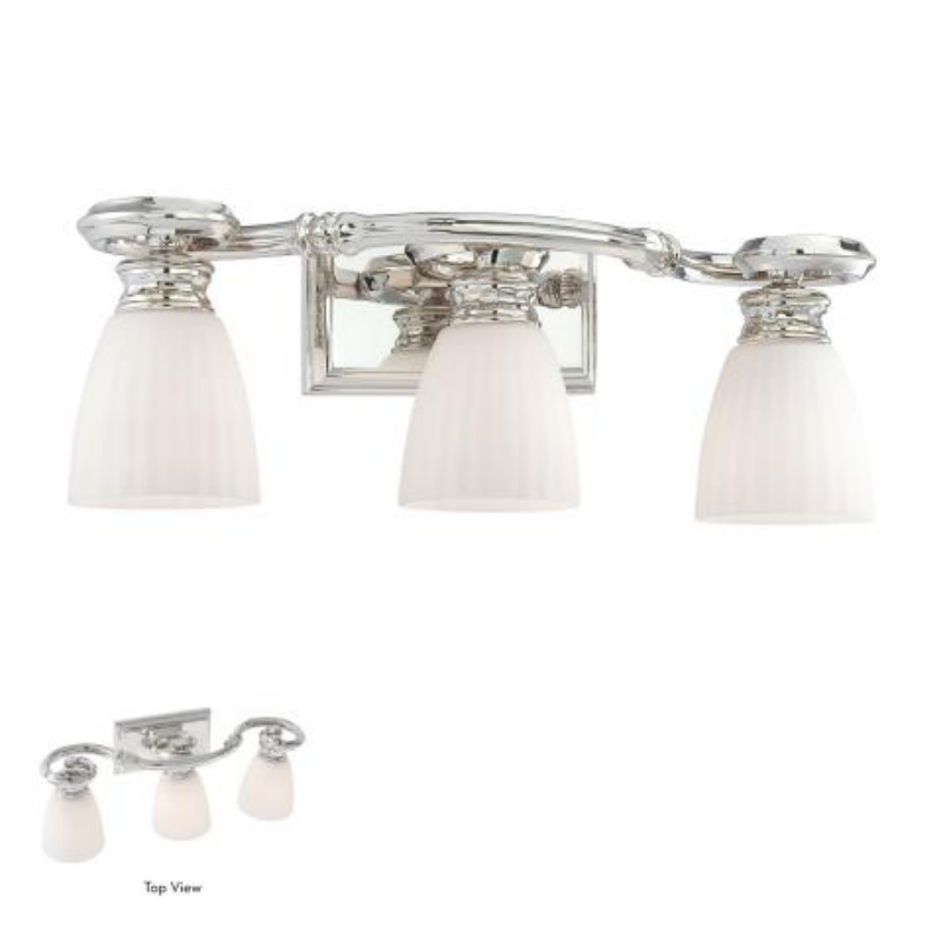 Metropolitan N2803-613 vanity light with three white shades, shown in front and smaller top views