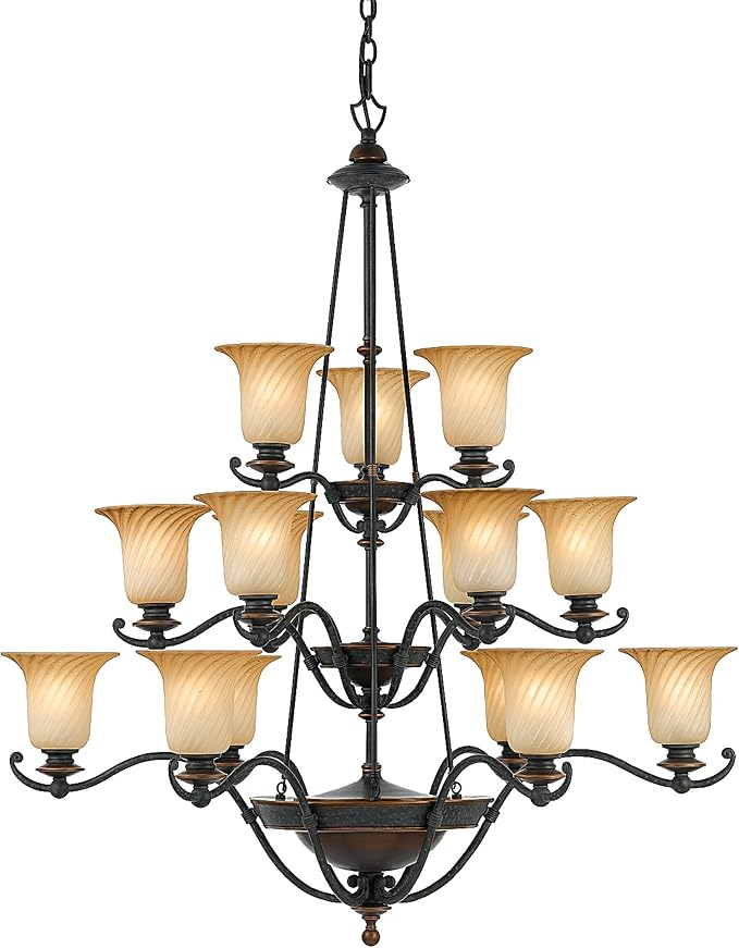 Quoizel Genova GE5015SE chandelier with three tiers of amber spiral-textured shades and dark scrolling arms