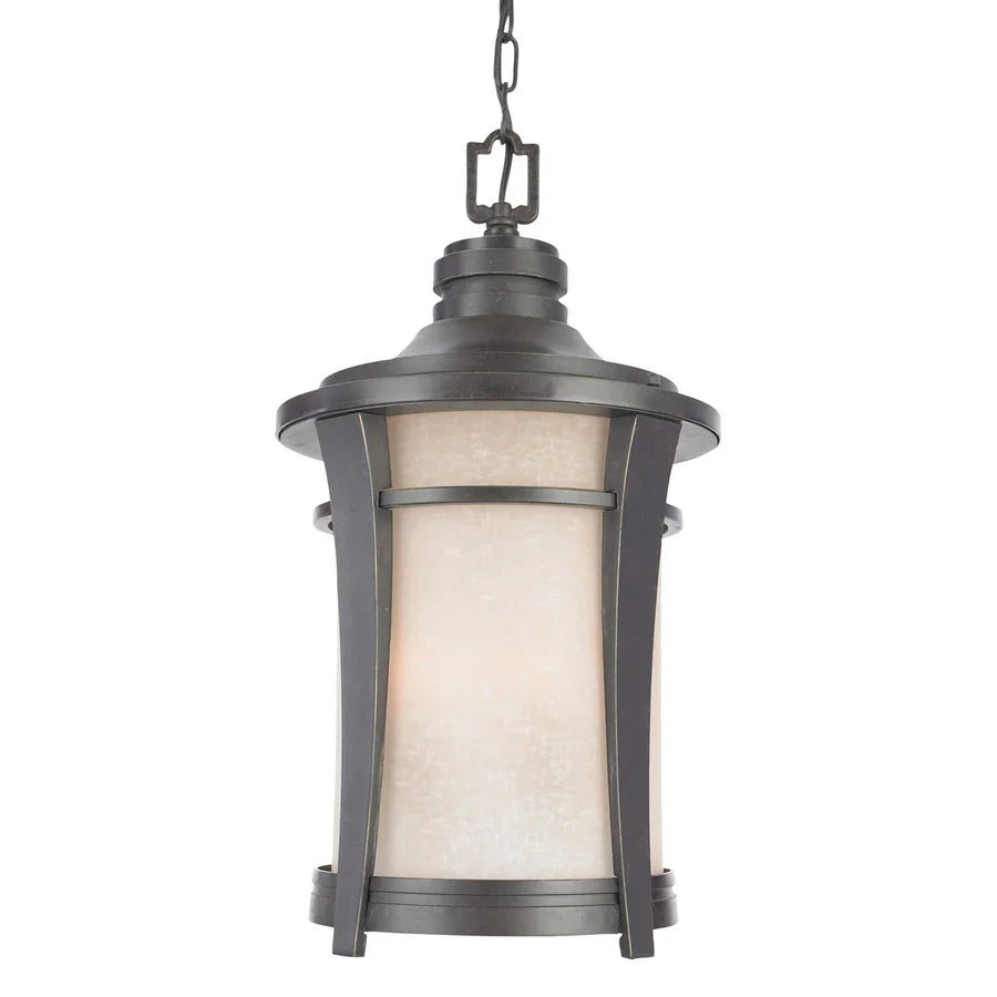 Quoizel Harmony hanging lantern with an Imperial Bronze frame and cream linen glass
