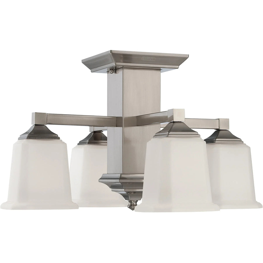 Norwood semi-flush ceiling light with a square nickel canopy and stem, straight arms and four pale bell shades.