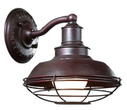 Troy Lighting Circa 1910 wall light showing its curved gooseneck and round lettered backplate