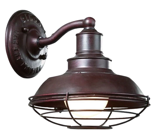 Troy Lighting Circa 1910 wall light showing its curved gooseneck and round lettered backplate