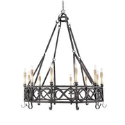 World Imports Chaumont circular candle chandelier with dark supporting straps, scrollwork band and lower hooks.