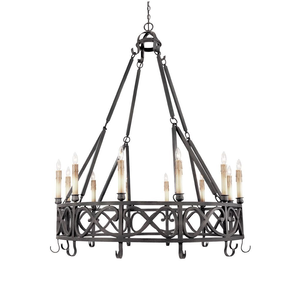 World Imports Chaumont circular candle chandelier with dark supporting straps, scrollwork band and lower hooks.