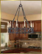 World Imports Chaumont pot-rack chandelier shown above a kitchen in a gold-bordered room image.