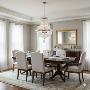 Worldwide Lighting Empire crystal chandelier above a dining table
