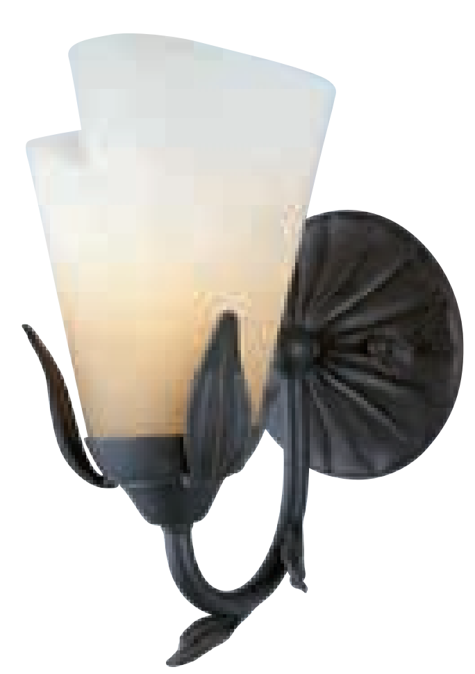 Quoizel Yuma wall sconce with curled amber glass, a bronze leaf cradle and a curved leaf-ended arm.