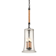 Troy Pier 39 3-light mini pendant in forged iron with open bell-shaped frame and candle-style cluster